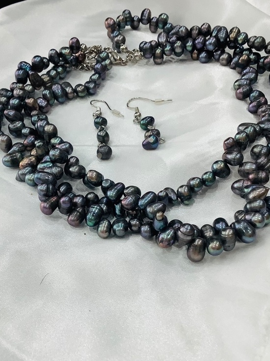Jewelry - Elegant Triple Strand Freshwater Pearl Necklace Earring set Mothers Day Gift